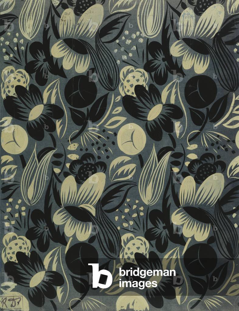 Fiori su sfondo blu; Fleurs sur Fond Bleu, (guazzo e pennello e nero inchiostro su carta blu)