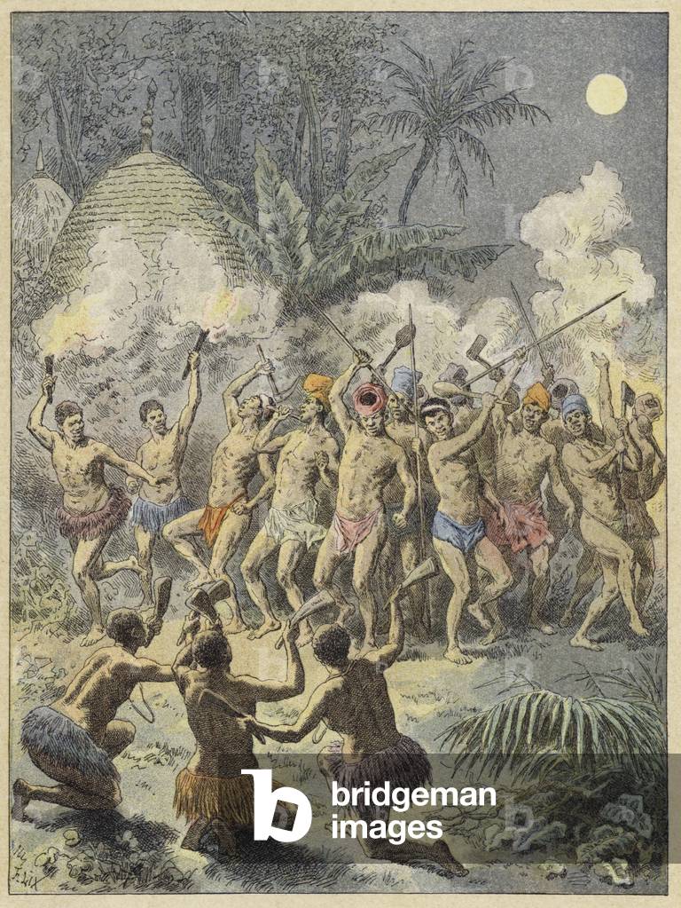 Pilou, danza tradizionale Kanak, Nuova Caledonia (incisione colorata)