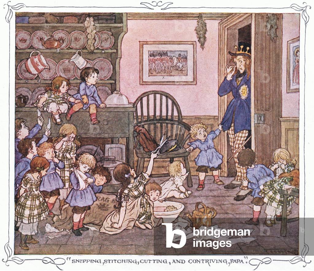 “Snipping, stitching, cutting and contriving, Papa”, aus The Magic Fishbone pub.von Warne & Co, um 1940 (color