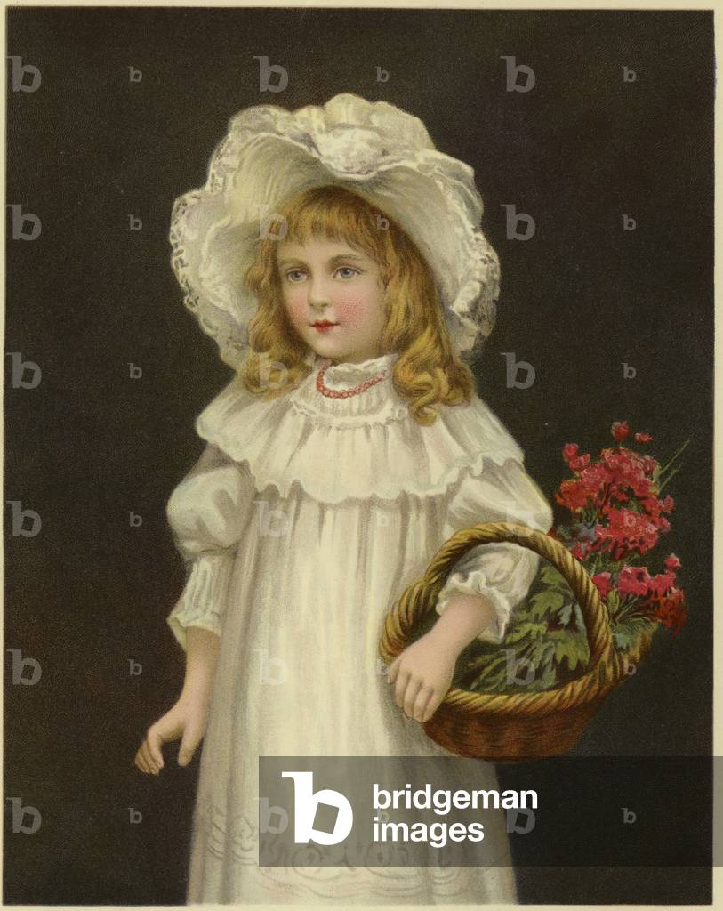 "Una giovane ragazza vestita in bianca tenendo un cesto di fiori rossi (colore lito)" di English School