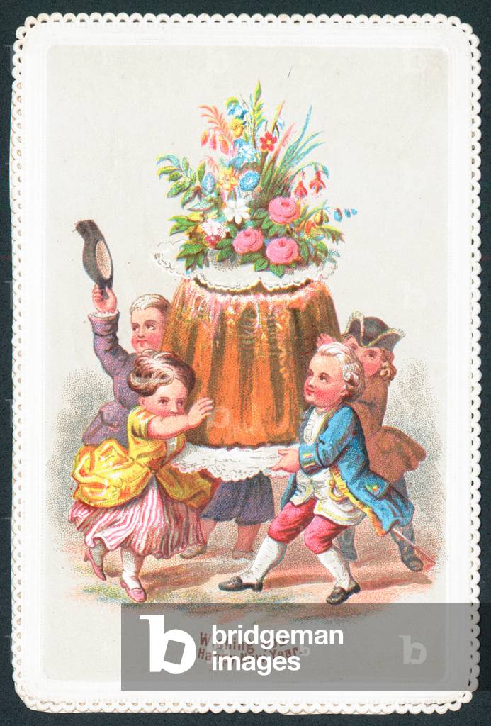 Bambini aristocratici che portano budino, Carta di Capodanno (cromolito)