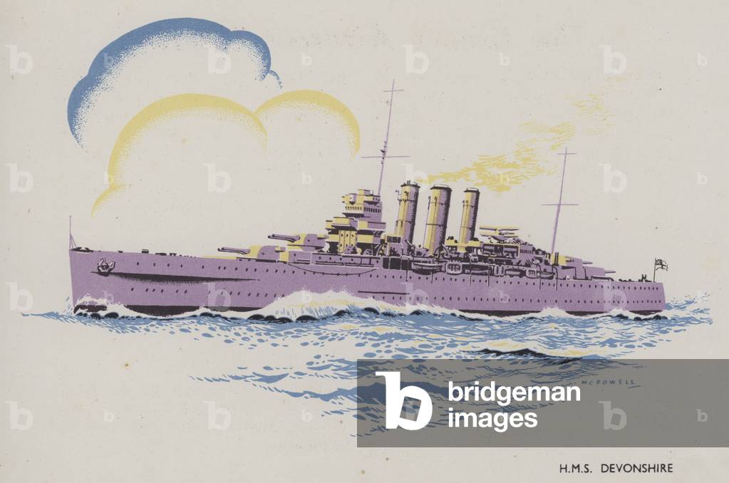 HMS Devonshire (colour litho) by D. F. McDowell