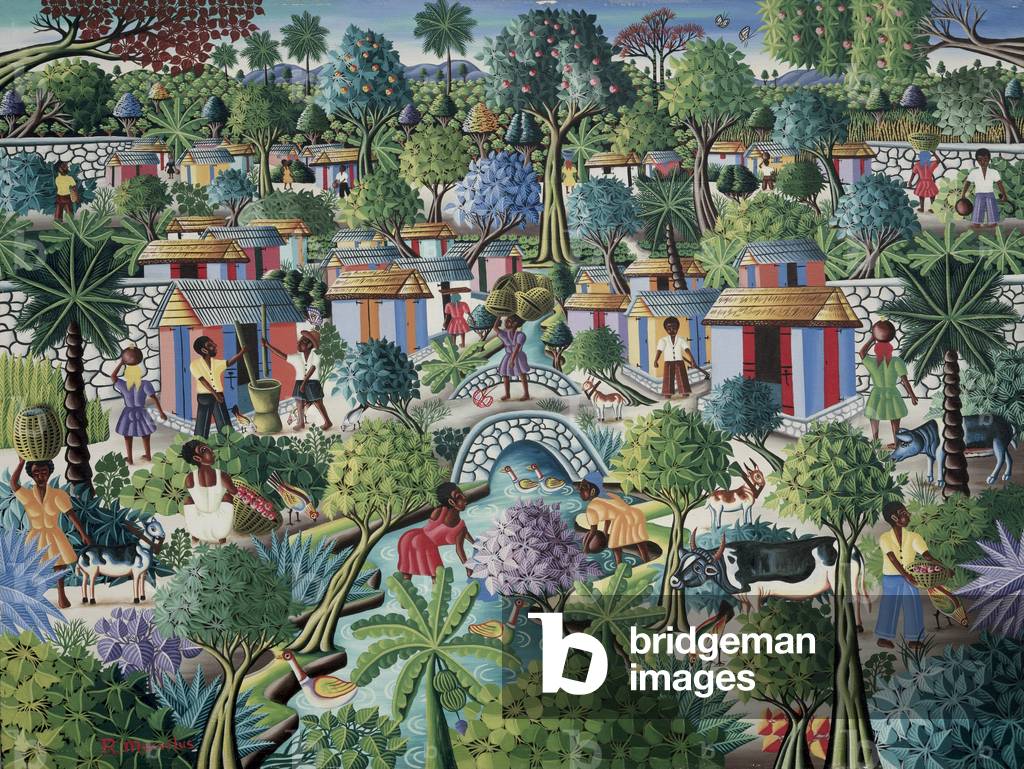 Villaggio da un ruscello olio su tela