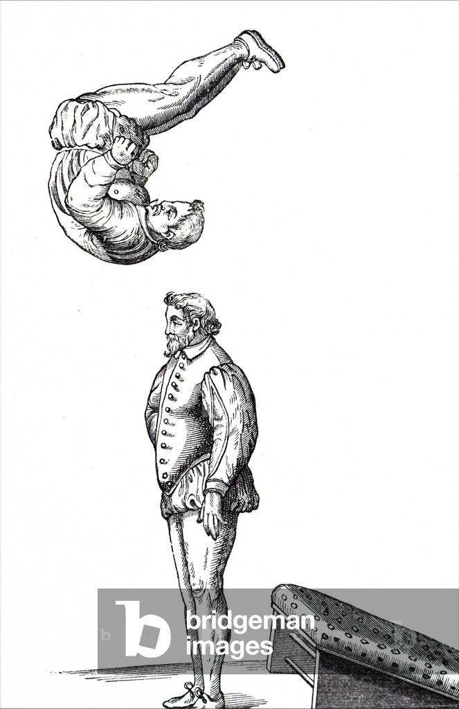 "due uomini utilizzando un trampolino di lancio", b/w