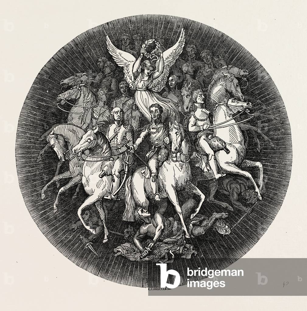 Der Wellington-Schild. 1820, Thomas Stothard, 1755 - 1834, Gravuren. Der Silberschild erinnert an die Siege de