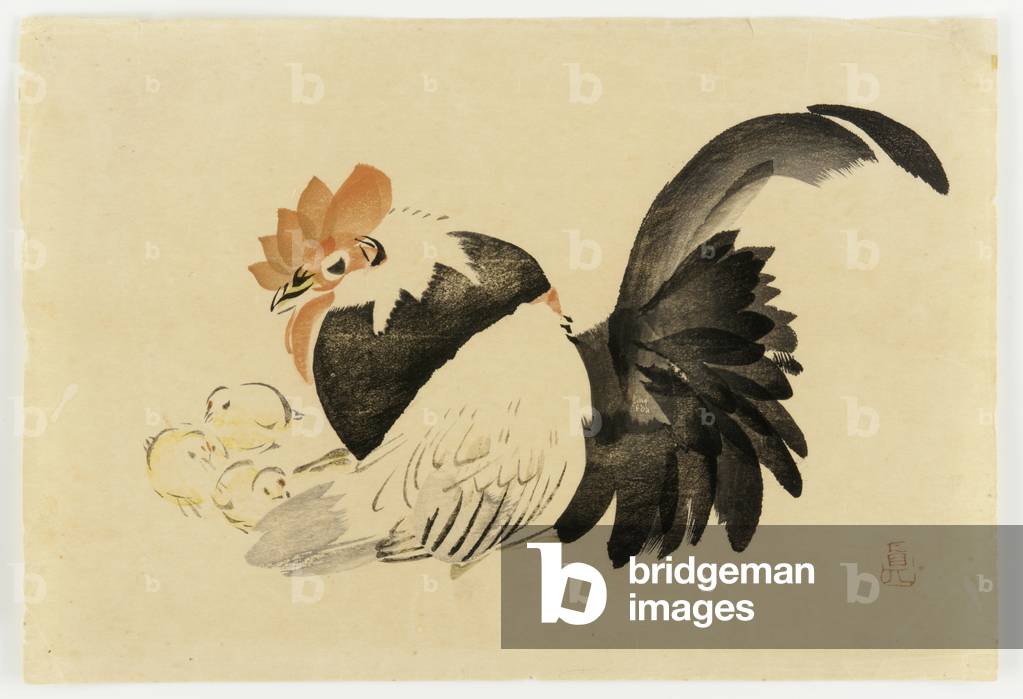 Rooster 1870-79 by Shibata Zeshin, b/w