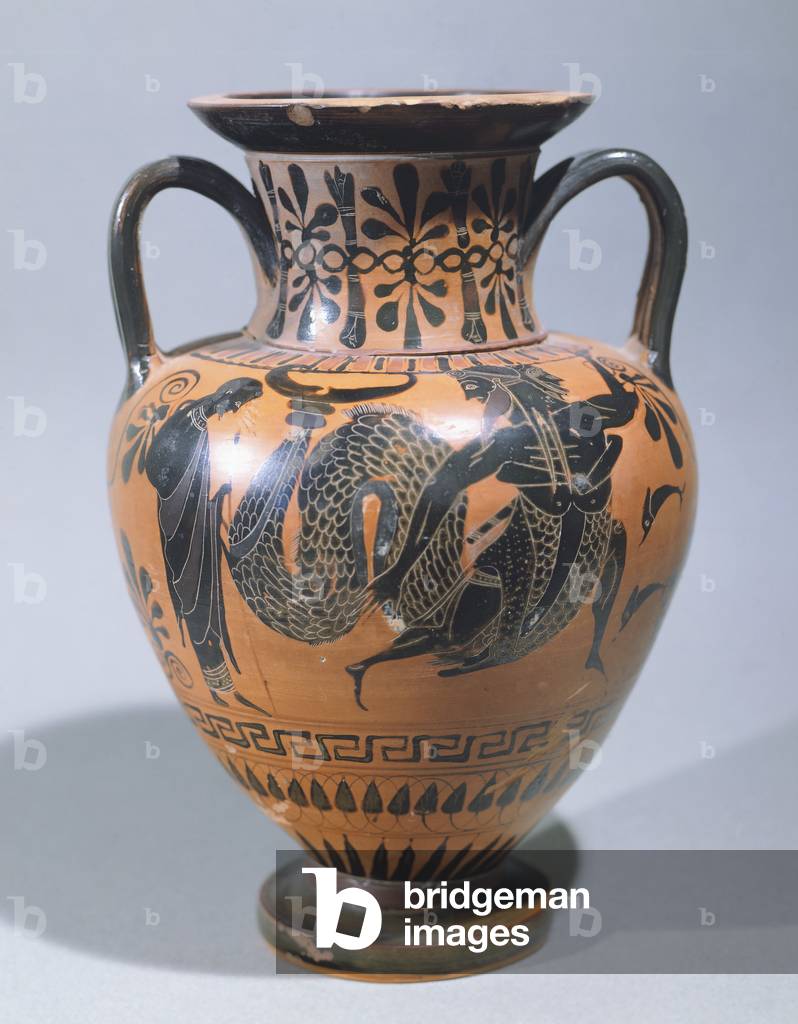 Amphora showing Hercules and Triton, blackfigure pottery, Greek