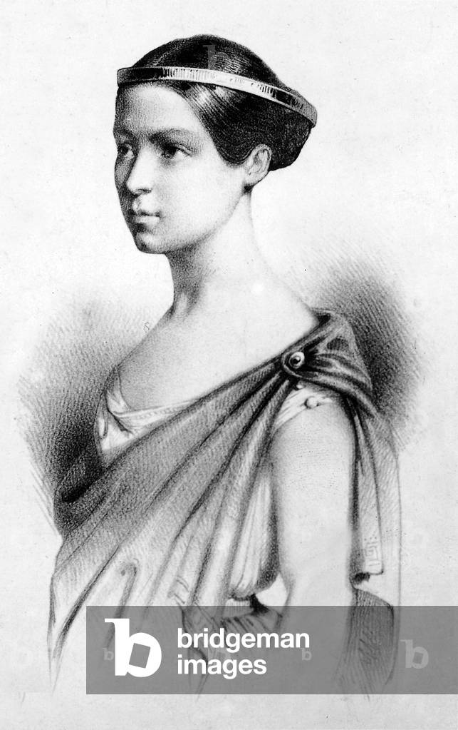 "L'attrice francese Rachel interpreta Hermione nel gioco Andromaque di Racine nel 1839" 1839, b/w