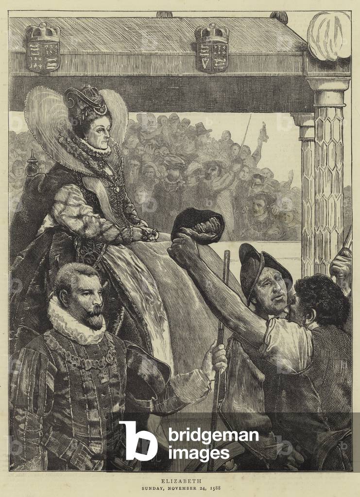 Queen Elizabeth on her Way to St Paul's (engraving) by James Dromgole Linton, b/w