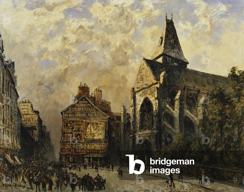 Immagine di Dipinto "strada scena dietro il santo medard Chiesa" di Frank Myers Boggs, b/w