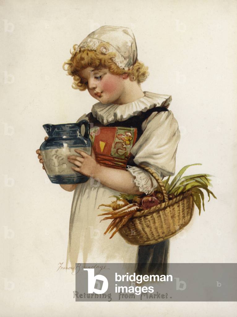 Mädchen: Rückkehr vom Markt (Farbe litho)