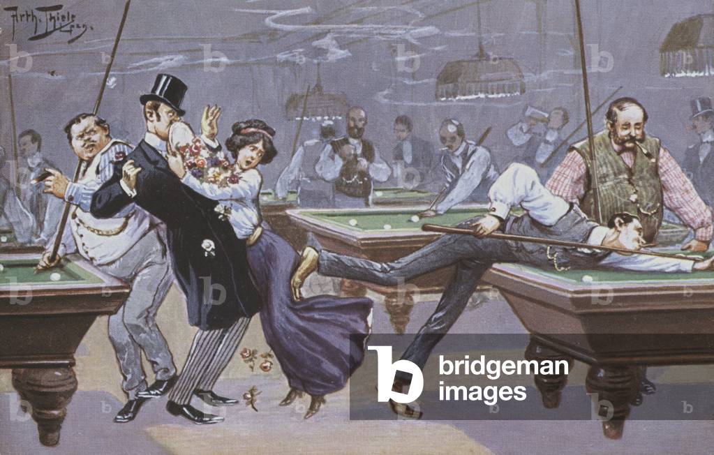 Comical  scene in a billiards hall (colour litho)