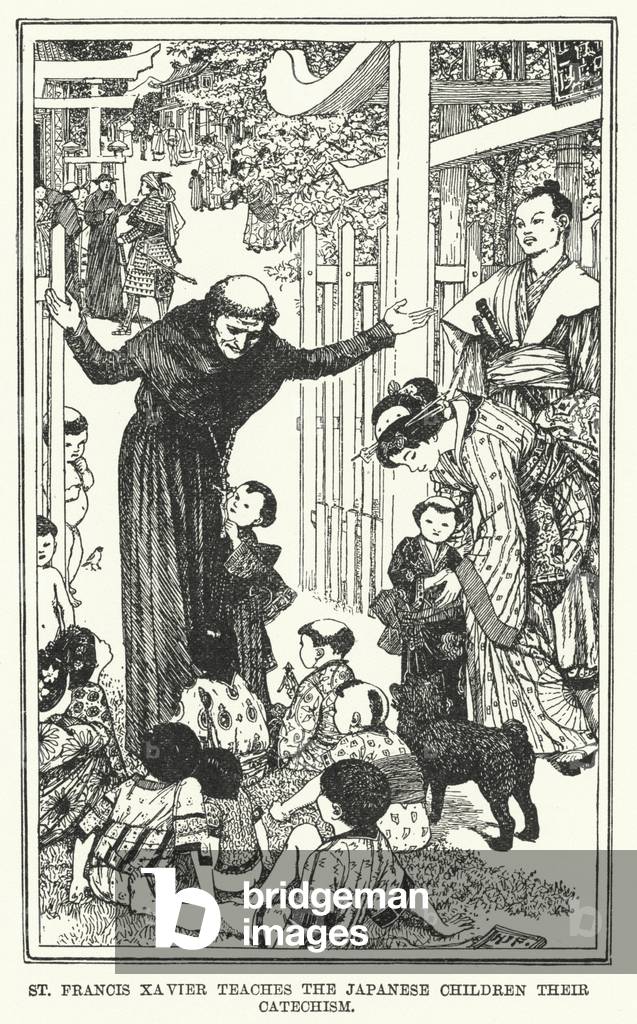 St Francis Xavier teaches the Japanese children their catechism (litho)