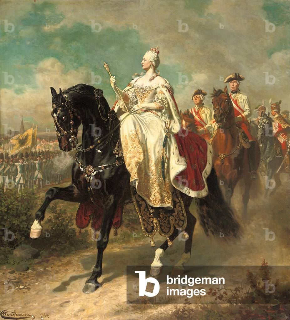 Imperatrice Maria Teresa a cavallo ispezione austriaca truppe, 1884 (olio su tela)