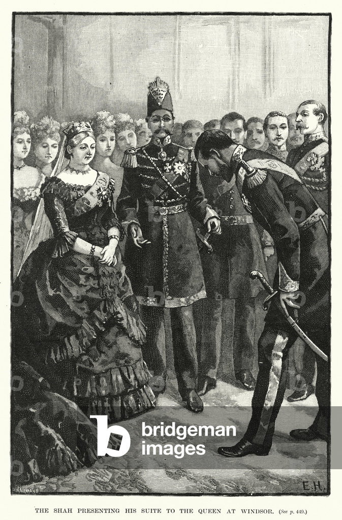 Der Schah präsentiert der Königin seine Suite in Windsor (Stich)