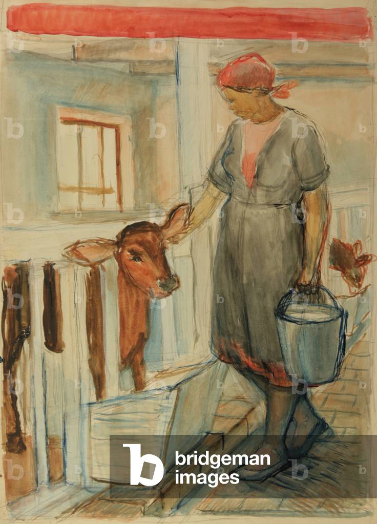 ragazza alimentazione un vitello, 1932 (tempera su carta)