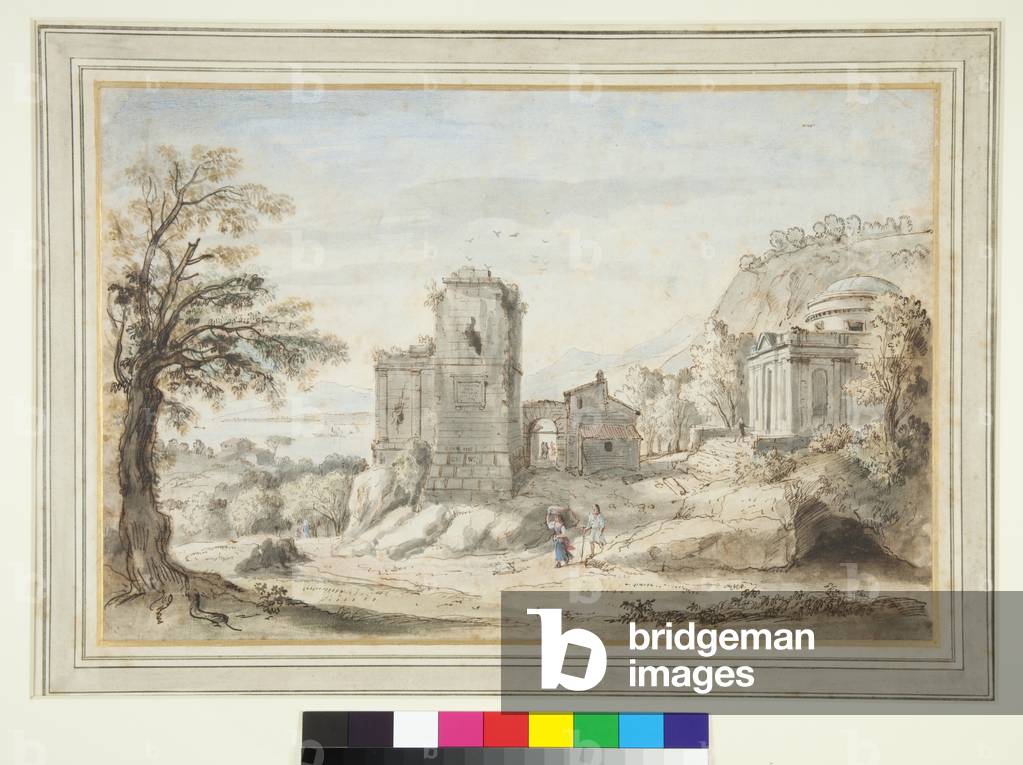 landschaft mit ruinen und ein tempel (stift und braun tinte und farbige wäschen)