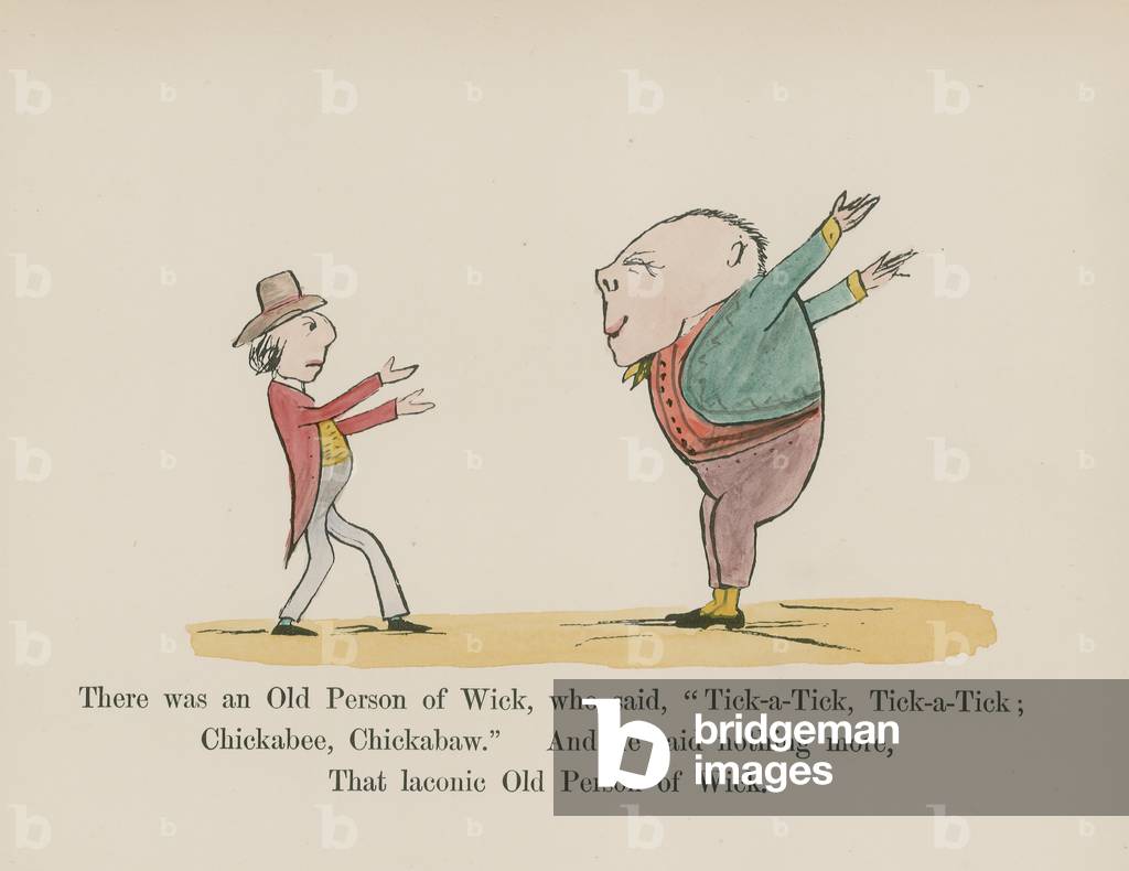 Es gab eine alte Person aus Wick, die sagte: Tick-a-Tick, Tick-a-Tick (farbige Gravur)