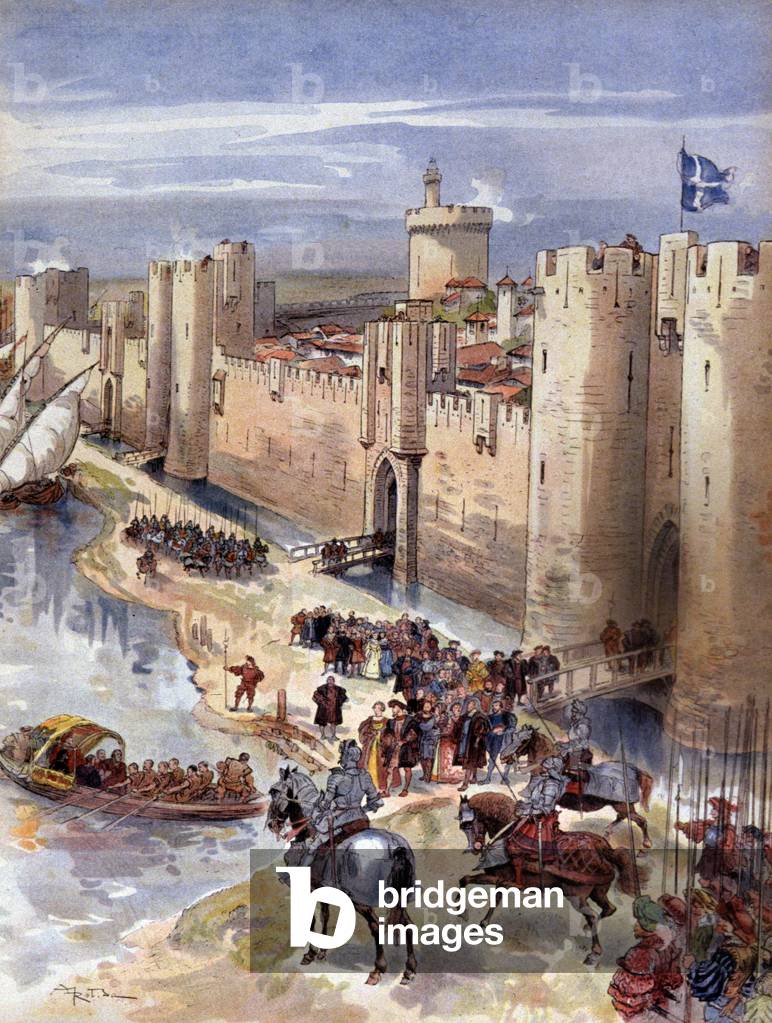 Immagine di Stampa "Incontro di Aigues Mortes tra Francesco I di Francia e l'imperatore Carlo V" 1909 di Alber