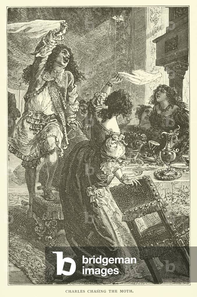 "Re Carlo II inseguendo una falena (incisione)" 1801 di American School, b/w