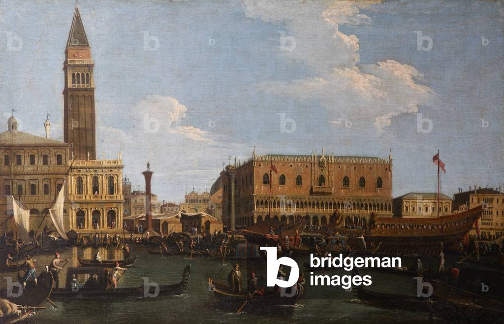 Der Molo aus dem Bacino gesehen, mit den Ständen der Himmelfahrt-Messe und der Bucintoro