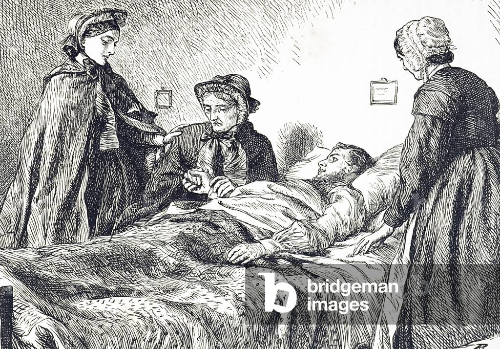 Gravur zeigt eine Mutter, die am Bett ihres Sohnes sitzt, nachdem er seine Beine amputiert hat