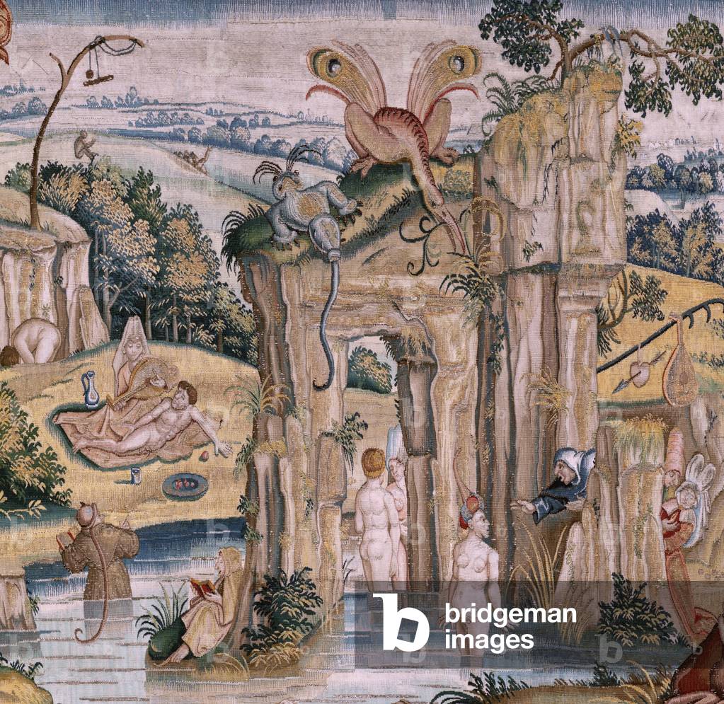 "arazzo fiammingo. Serie quattro arazzi secondo Hieronymus Bosch. Sant'Antonio in preghiera (San Antonio en or