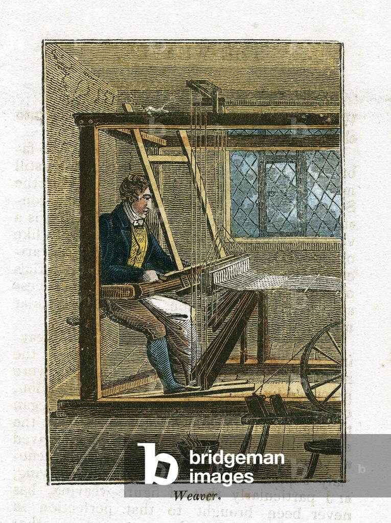 Tisserand à son métier, tiré de "The Book of English Trades" Londres, 1823 (gravure sur bois coloriée à la mai