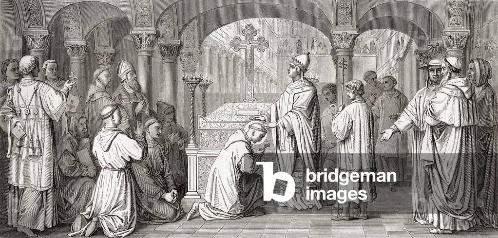 Detail des Freskos in der Basilika der Abtei St. Bonifatius, München, Bayern, Deutschland.  Pub.1875 (Litho)