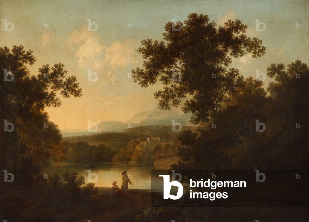 Un paesaggio con vista su un castello in rovina e una città lontana vista sull'acqua