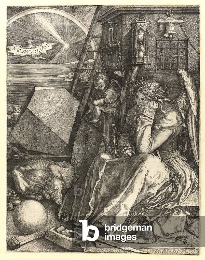 Melenconia I. 1514 (a destra in basso, monogramma e data). E' la prima delle tre incisioni maestre del Durer c