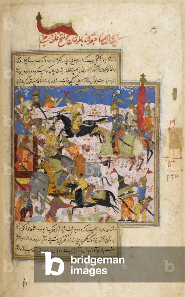 La sconfitta di Timur di Amlu Khan e la cattura di Delhi. Quadro in miniatura tratto da un manoscritto cinquec