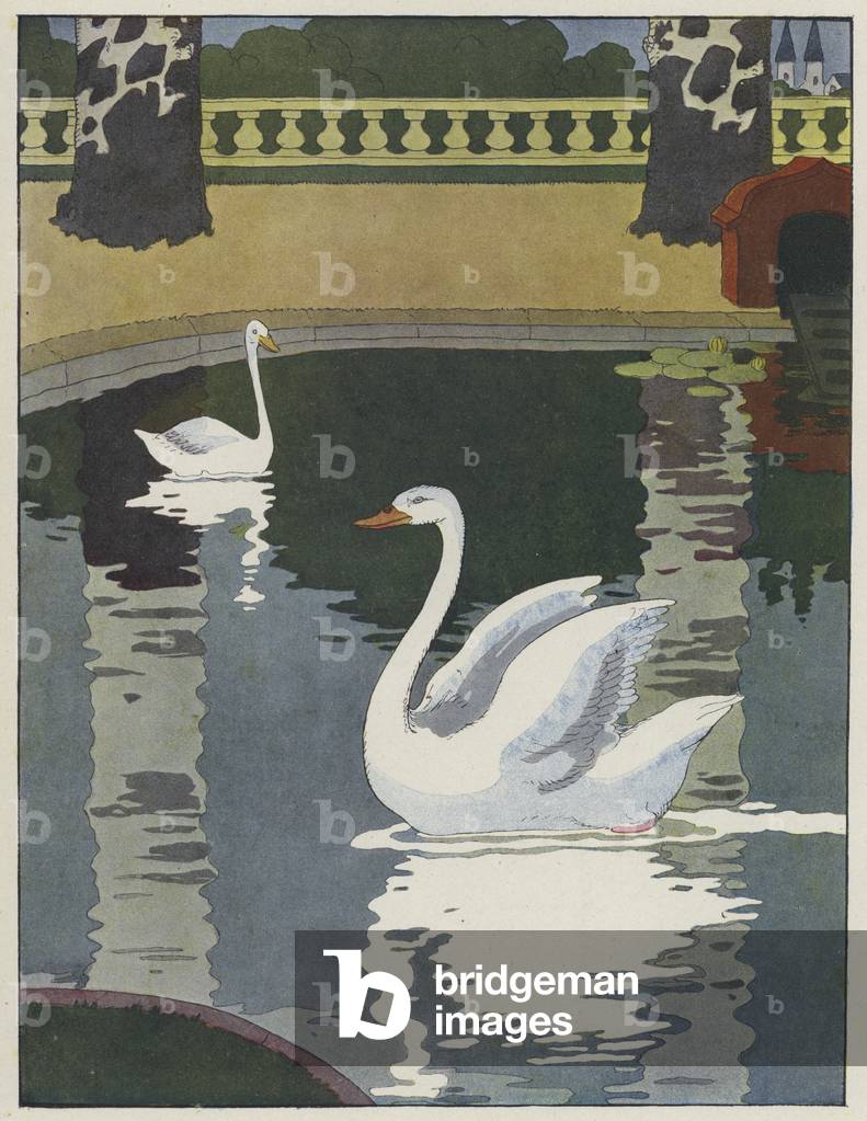 Swans (colour litho) by Benjamin Rabier