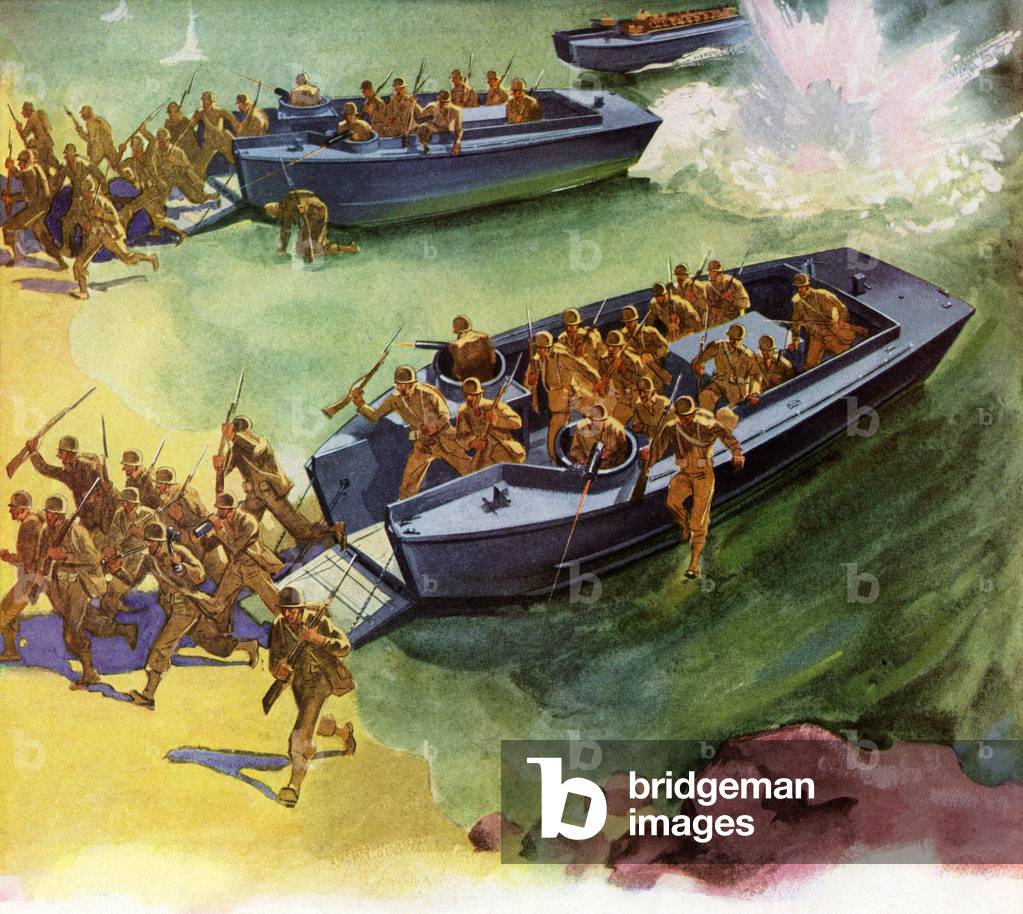 "Americano truppe atterraggio a Omaha Beach" 1944 di American School