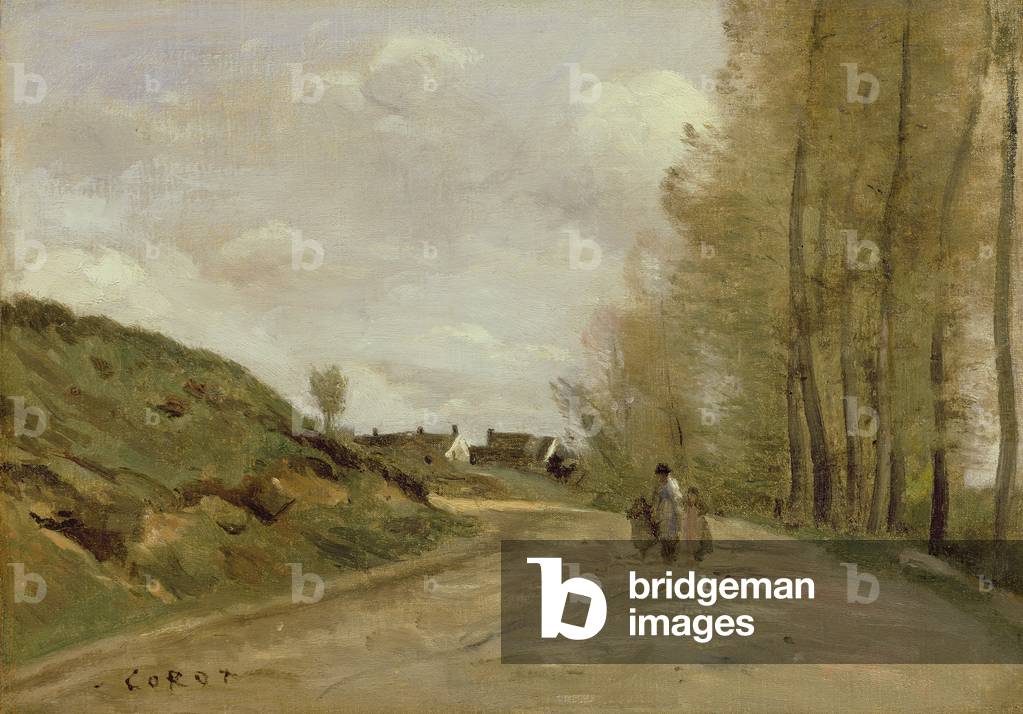 Bild von Gemälde "Die Straße in Gouvieux" 1850 von Jean Baptiste Camille Corot, b/w