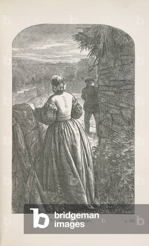'The missing sovereign'. A woman by a garden wall