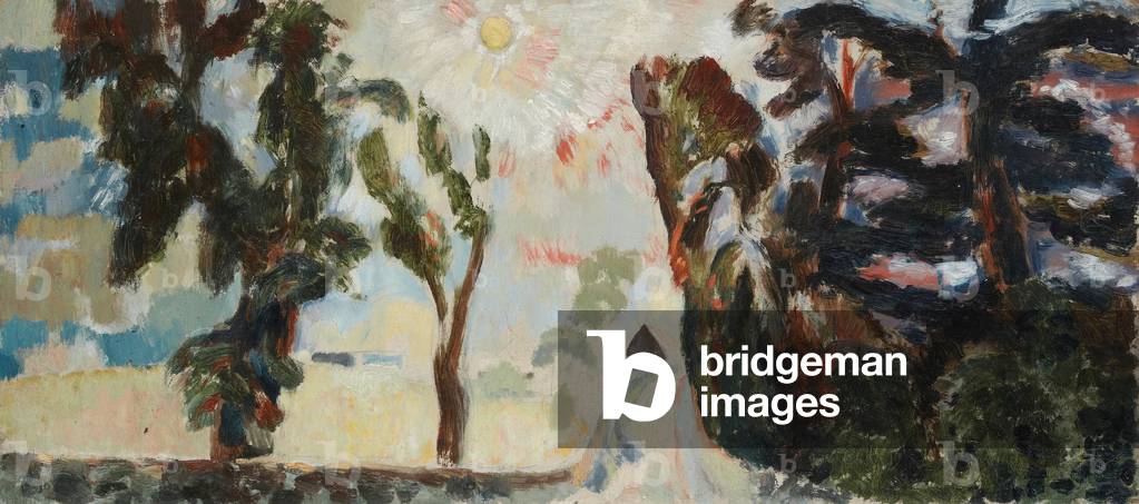 Paesaggio incompiuto con abeti e sole, 1920-73 circa (olio su tela)