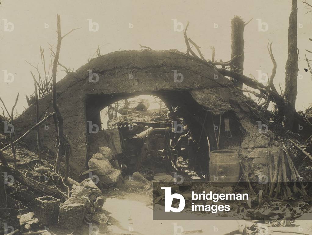 Bild von Fotografie "Gun gefangen in Farbus Holz von Kanadiern" 1917 von English Photographer, b/w