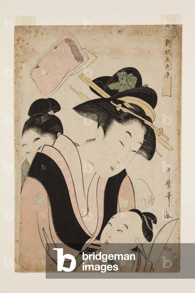 madre con due bambini (colore woodblock stampa)