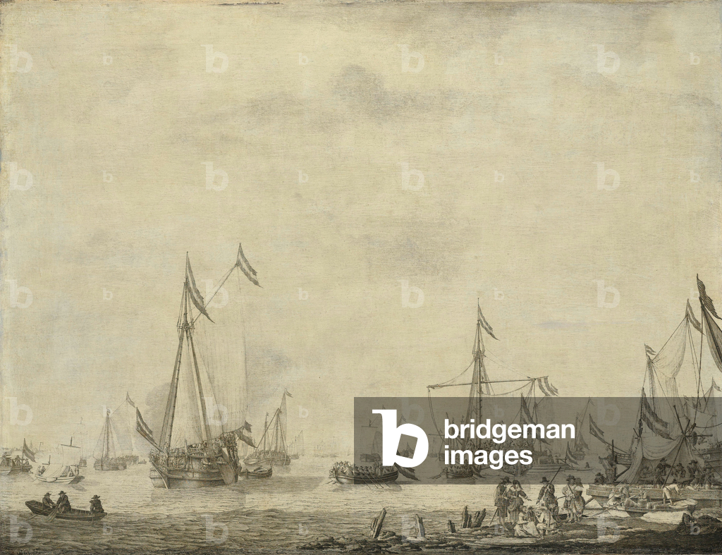 Lo yacht reale e lo yacht di Stato salpano da Moerdijk con Carlo II, 1660 (inchiostro su tavola)