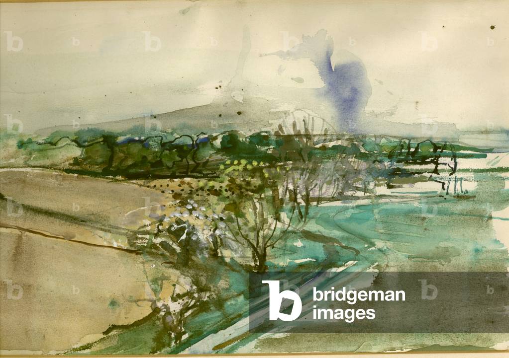 Immagine di Disegno "Paesaggio con blu fumo in aumento (w/c su carta)" di Rodrigo Moynihan