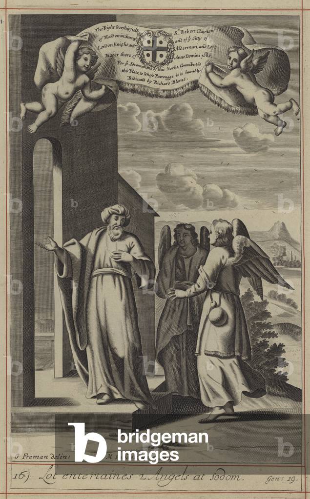 Bild von Gravur "Lot entertaines 2 Engel bei Sodom (Gravur)" 1701 von English School, b/w