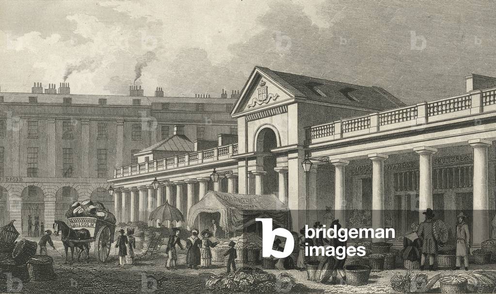 "La facciata N.W. del nuovo mercato di Covent Garden" 1827 di Thomas Hosmer Shepherd, b/w