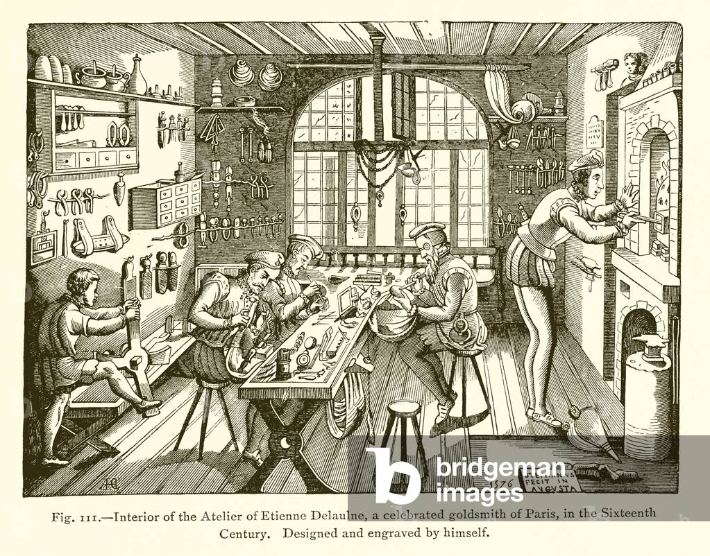 "Interno dell'Atelier di Etienne Delaulne" 1801 di French School, b/w