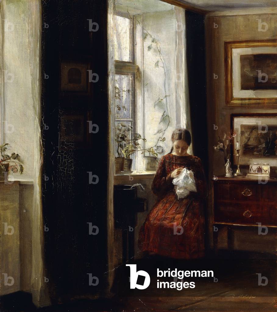 un giovani ragazza cucito olio su tela