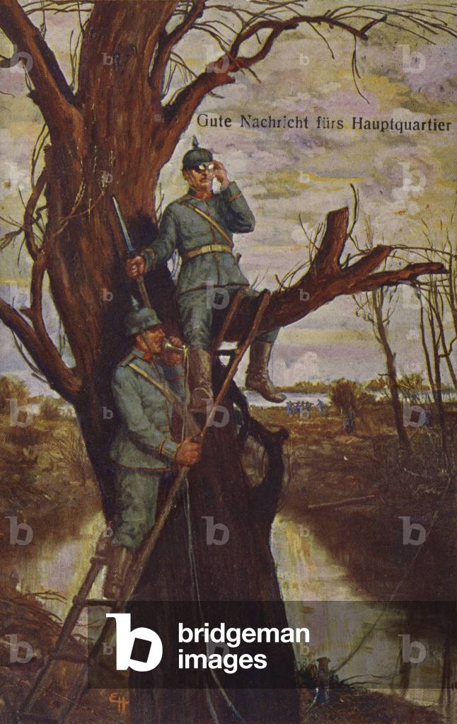 Gute Nachricht für das Hauptquartier, deutsche Soldaten, die das Schlachtfeld beobachten und über ein Feldtele