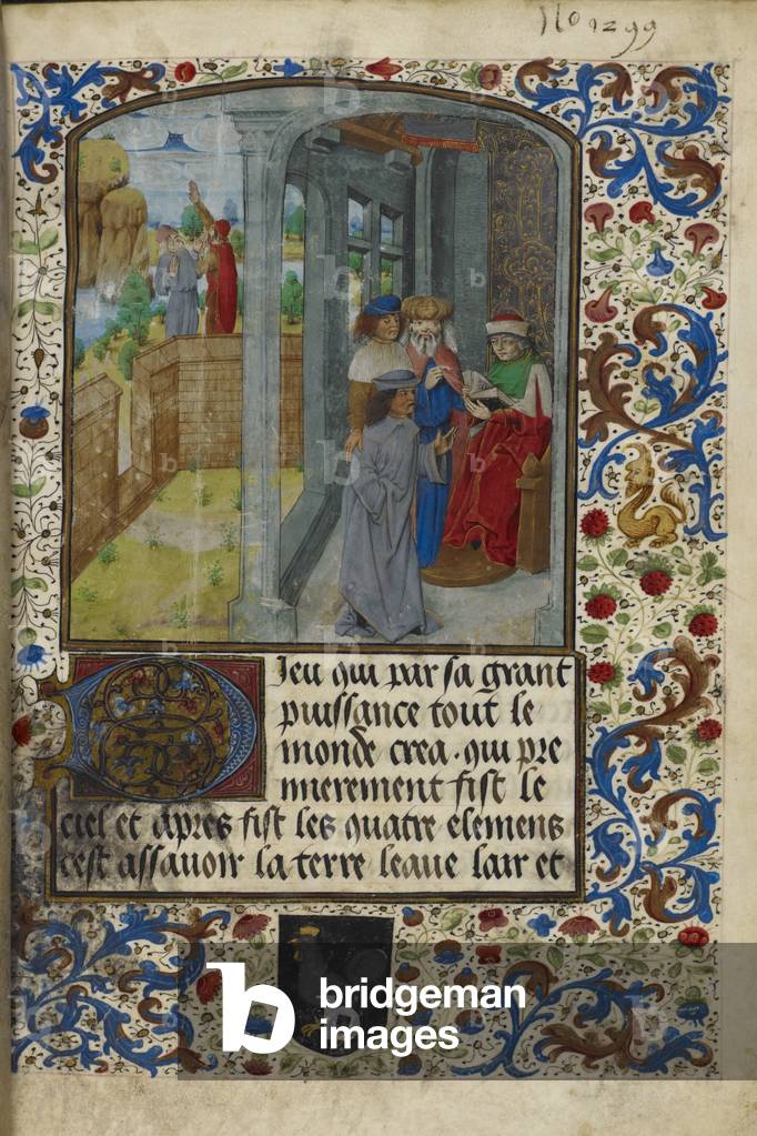 Miniatur, die einen Arzt zeigt, der mit einem Buch sitzt, und drei Patienten oder Studenten, während draußen, 