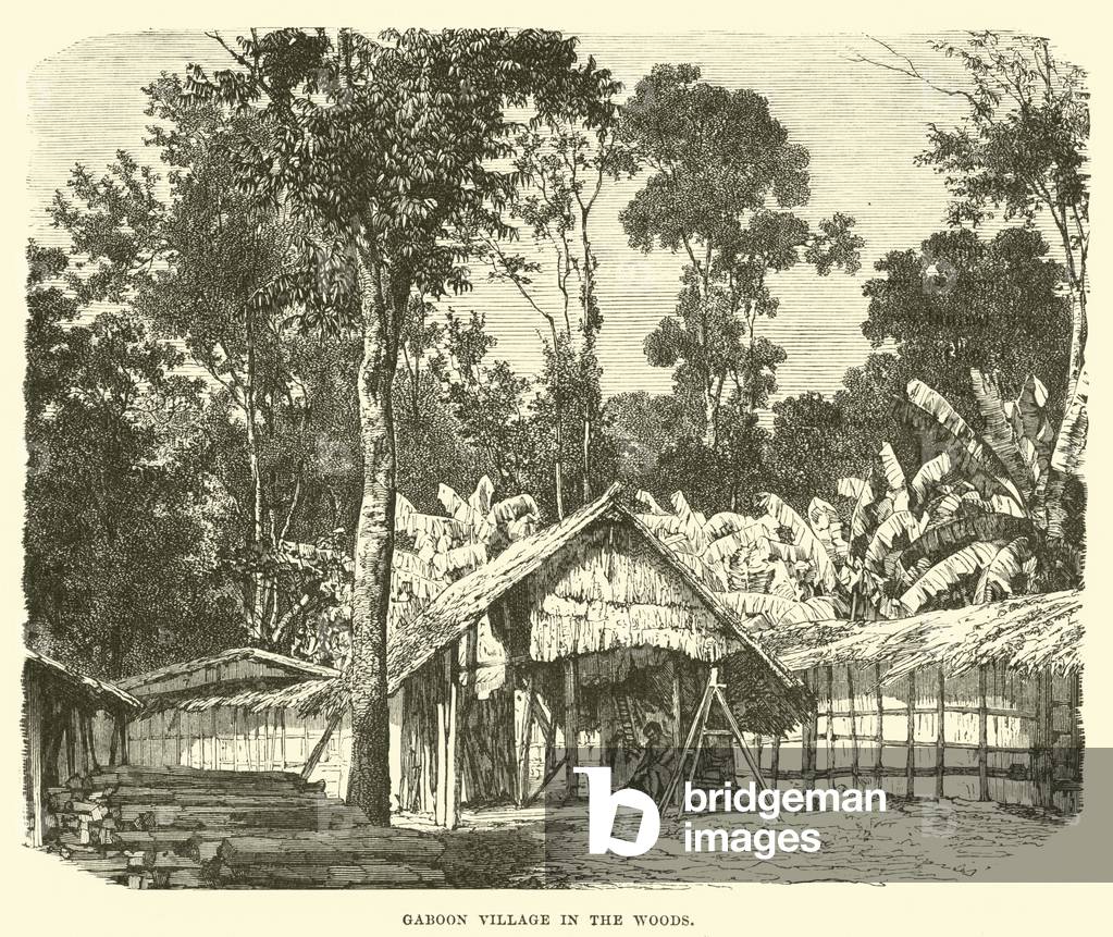 "Gaboon Dorf im Wald (Gravur)" von English School, b/w