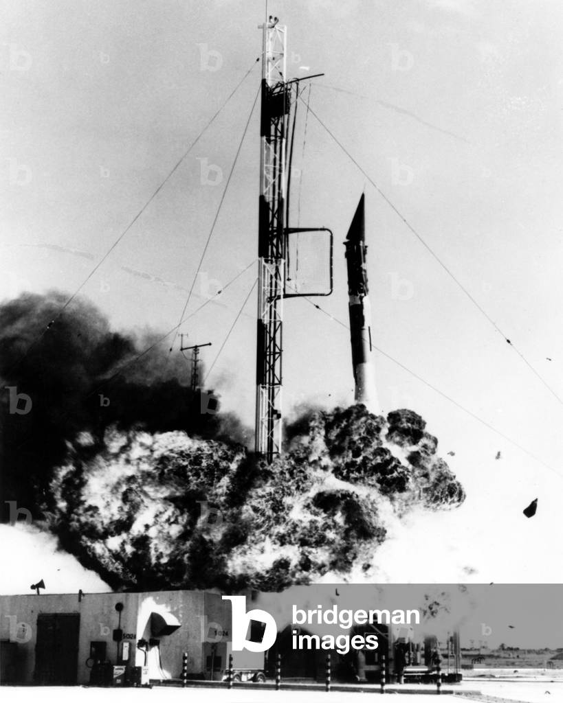 Image of Vanguard missile exploding on its Cape Canaveral launch pad on