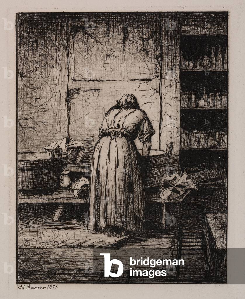 Bild von Gravur "Die Washerwoman", 1877 von Henry Farrer, b/w